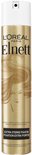 Gouden spuitbus met L'Oréal Paris Elnett logo en een afbeelding van een vrouw met golvend haar. Tekst: MICRO-VERSTUIVING HAARSPRAY.