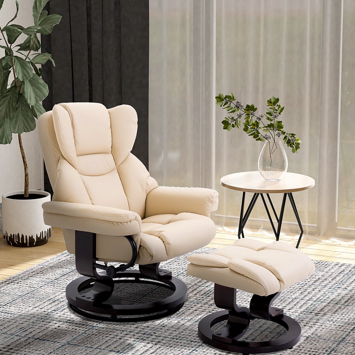 FloraGrace Relaxfauteuil Met Hocker – 360° Draaibaar En 145° Verstelbaar – Voor Woonkamer En Slaapkamer – Kunstleer – Cream White