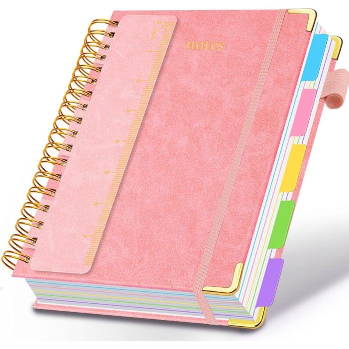 LISM-Notitieboek met spiraalbinding en harde kaft, 15,7 x 20,8 cm, met etiketten en uitneembare tussenschotten, 300 pagina's, 5 onderwerpen, (roze)
