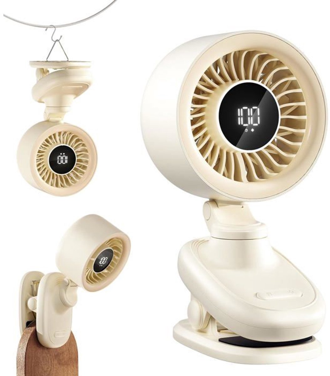 LISM-Mini clip-on USB-bureauventilator met oplaadbare batterij, oscillatiefunctie, timer en traploze snelheidsregeling.