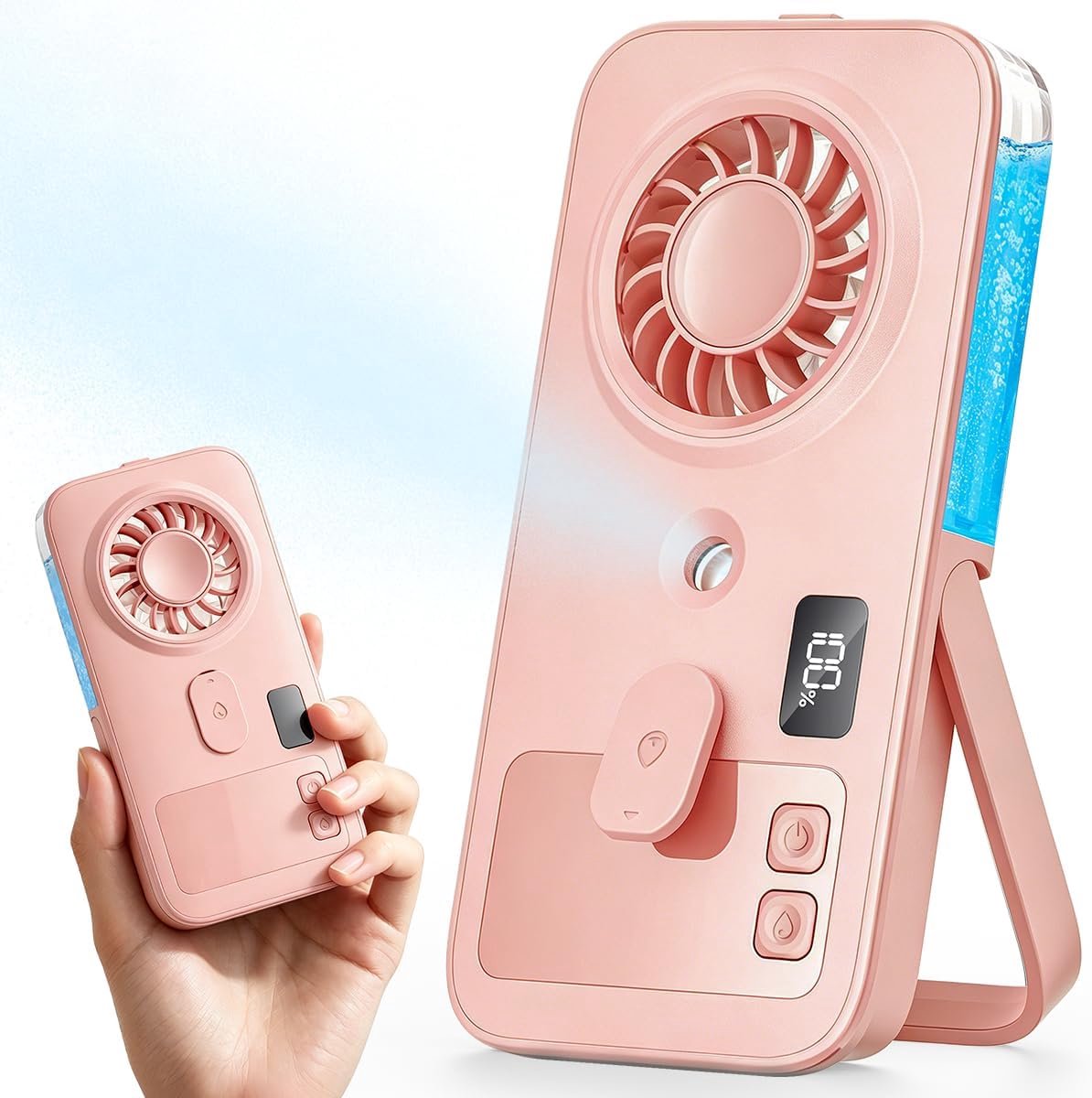 Ulisem - Mini sprayventilator - Opvouwbare handventilator met vernevelingsfunctie - 4 windsnelheden voor persoonlijke koeling - USB-C oplaadbaar met 2-7 uur batterijduur - LED display voor batterij en stand - Handheld en tafel gebruik - Roze