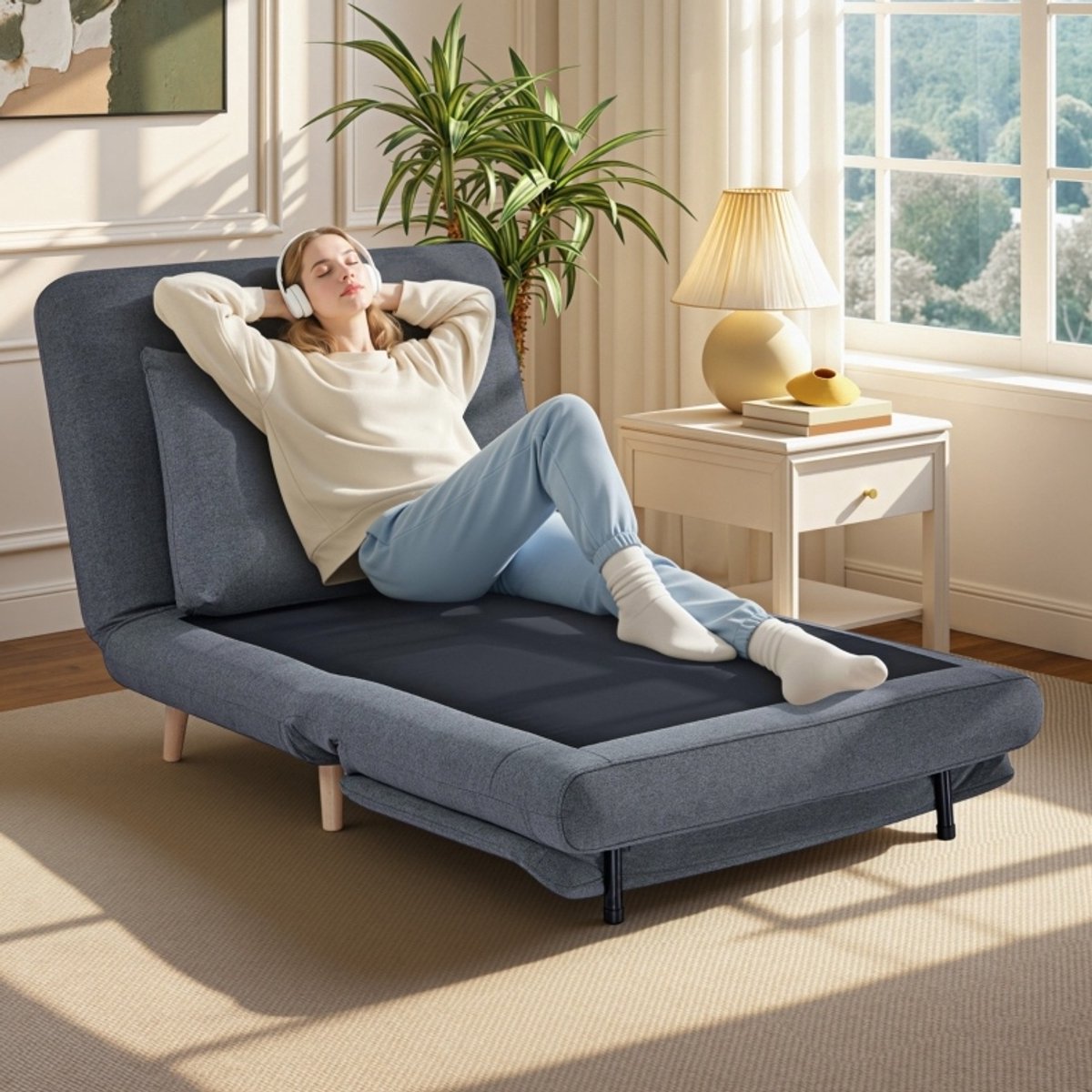 FloraGrace Slaapfauteuil 95 Cm - 3-in-1 Met Verstelbare Rugleuning En Klik-Klak Functie - Voor Woonkamer En Logeerkamer - Polyester - Grijs