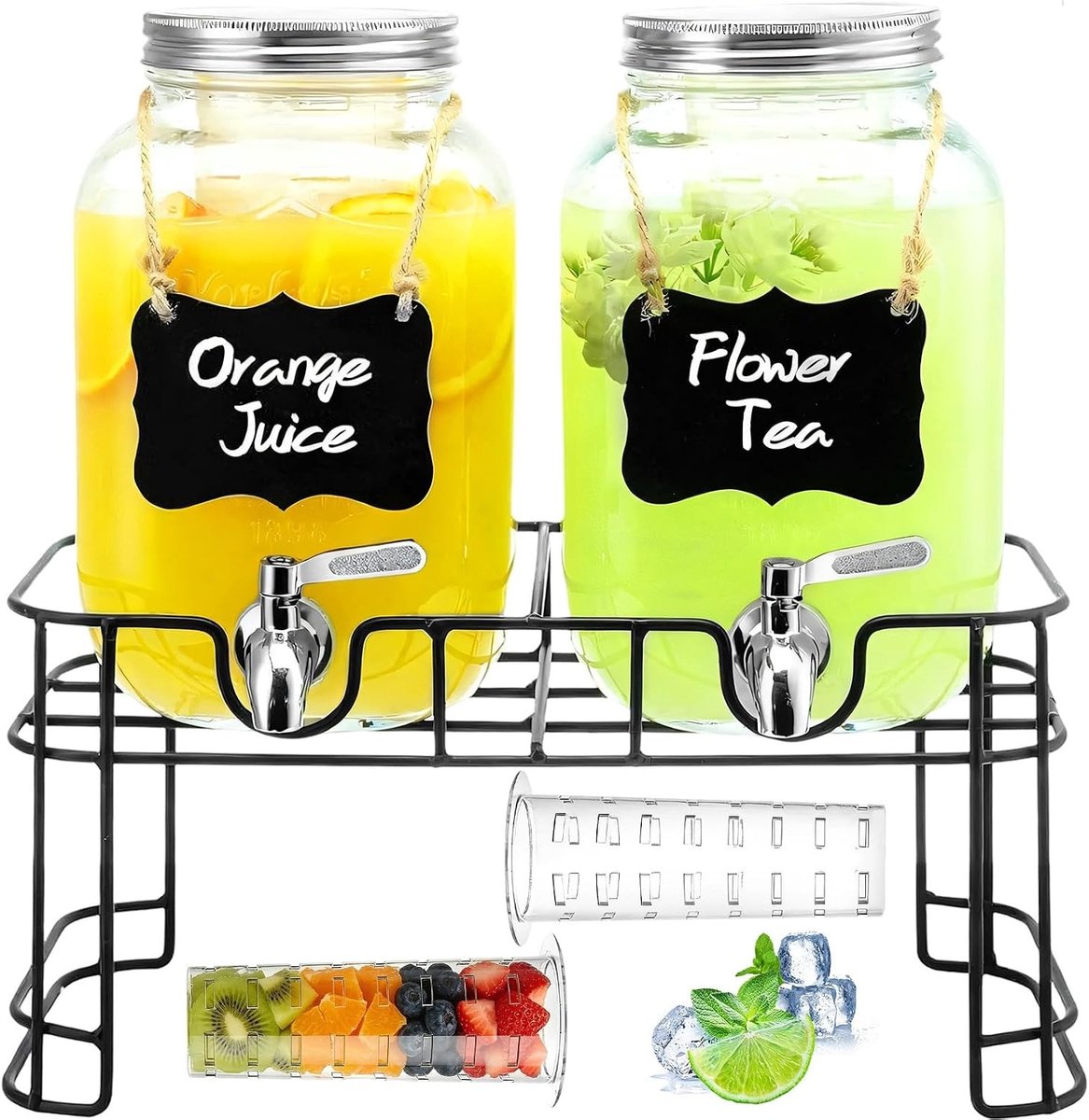 Glazen drankdispenser set van 4 liter met kraan en metalen houder voor sap, water en cocktails, ideaal voor feesten en evenementen