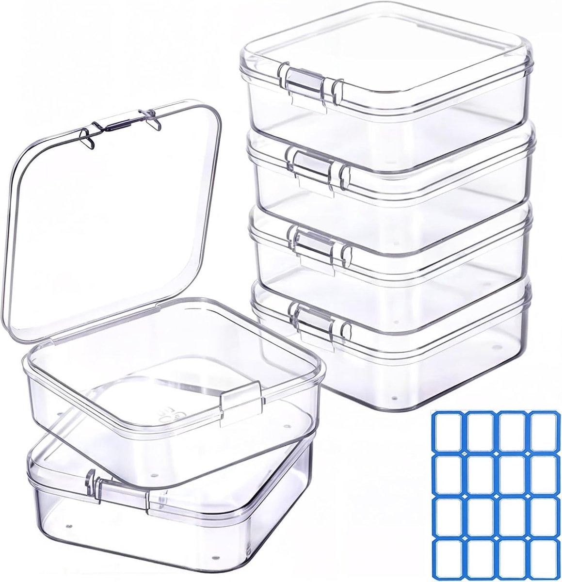 Set van 6 Transparante Plastic Opbergdozen met Deksel voor Sieraden, Kralen en Kleine Voorwerpen (5.5 x 5.5 cm)