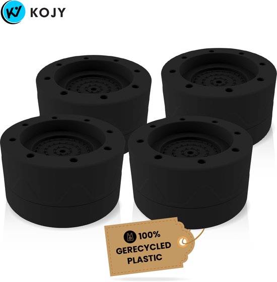 Vier zwarte wasmachinedempers op een rij met een bruin label met '100% gerecycled plastic'.