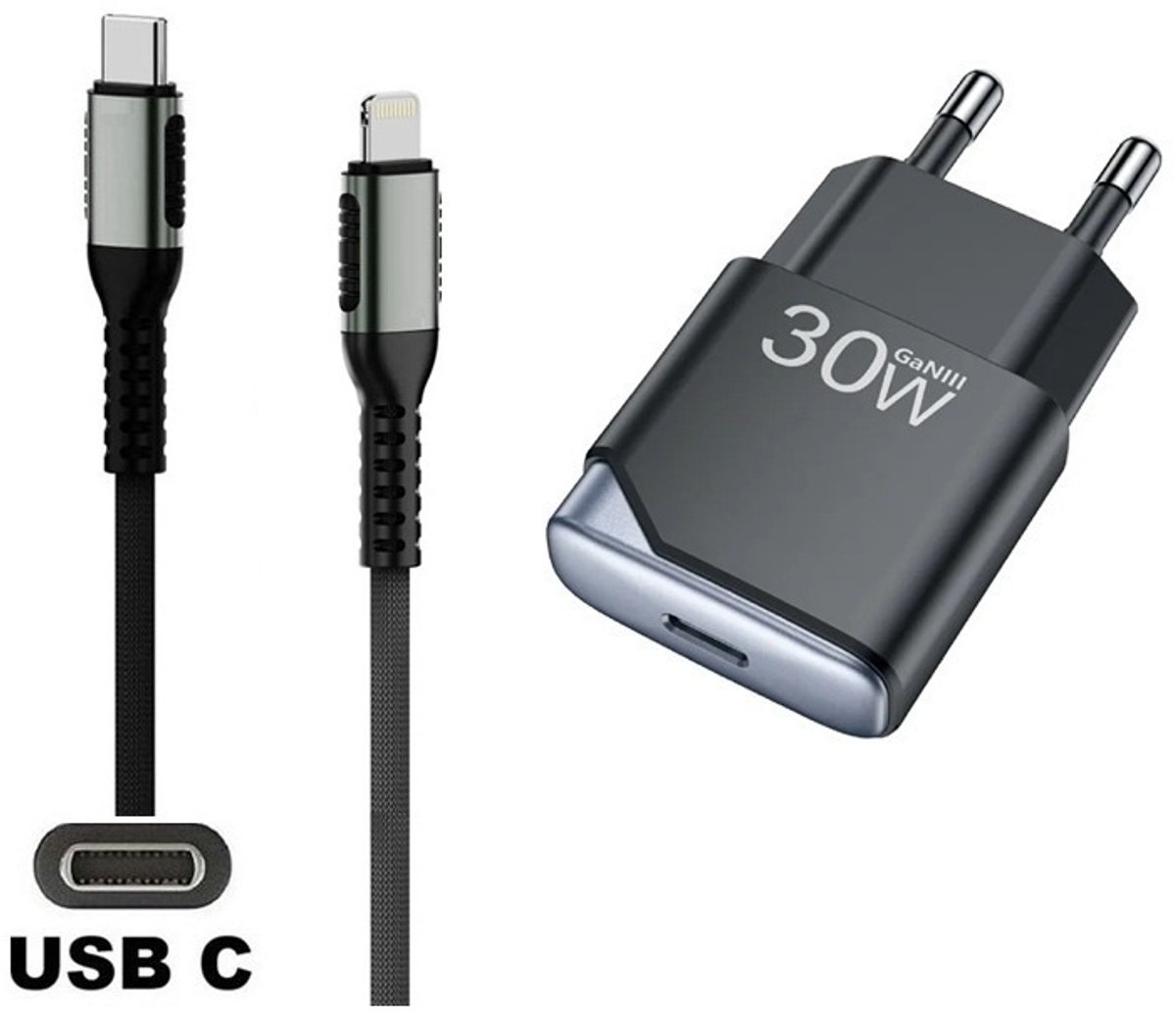 OneOne 30W snellader + 0,25m sterke USB C naar Lightning kabel. GAN lader. PD PPS oplader adapter past op Apple iPhone 11, 11 Pro, 11 Pro Max, iPhone 12, 12 Mini, 12 Pro, 12 Pro Max