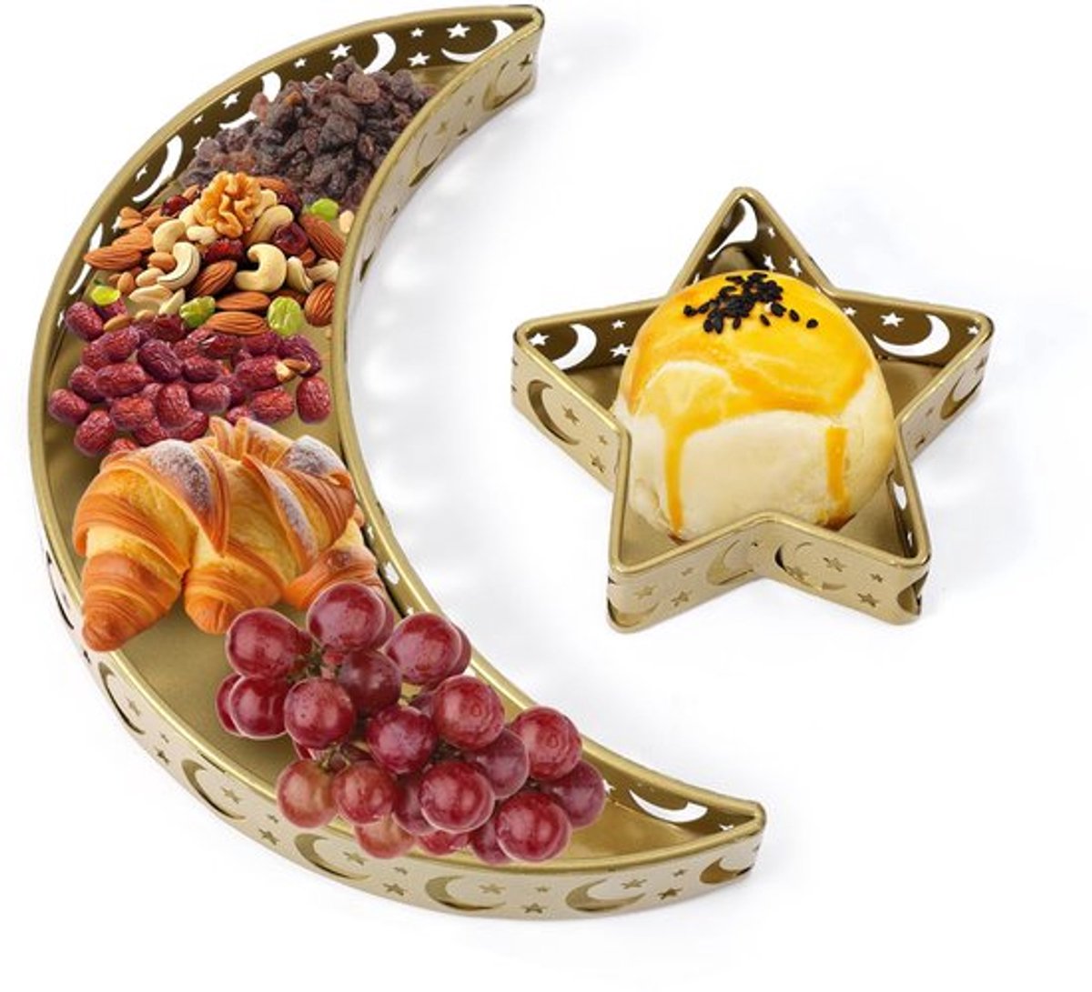 2pcs Ramadan Tray - Maan en Ster Vorm - IJzeren Servies - Gouden Kleur