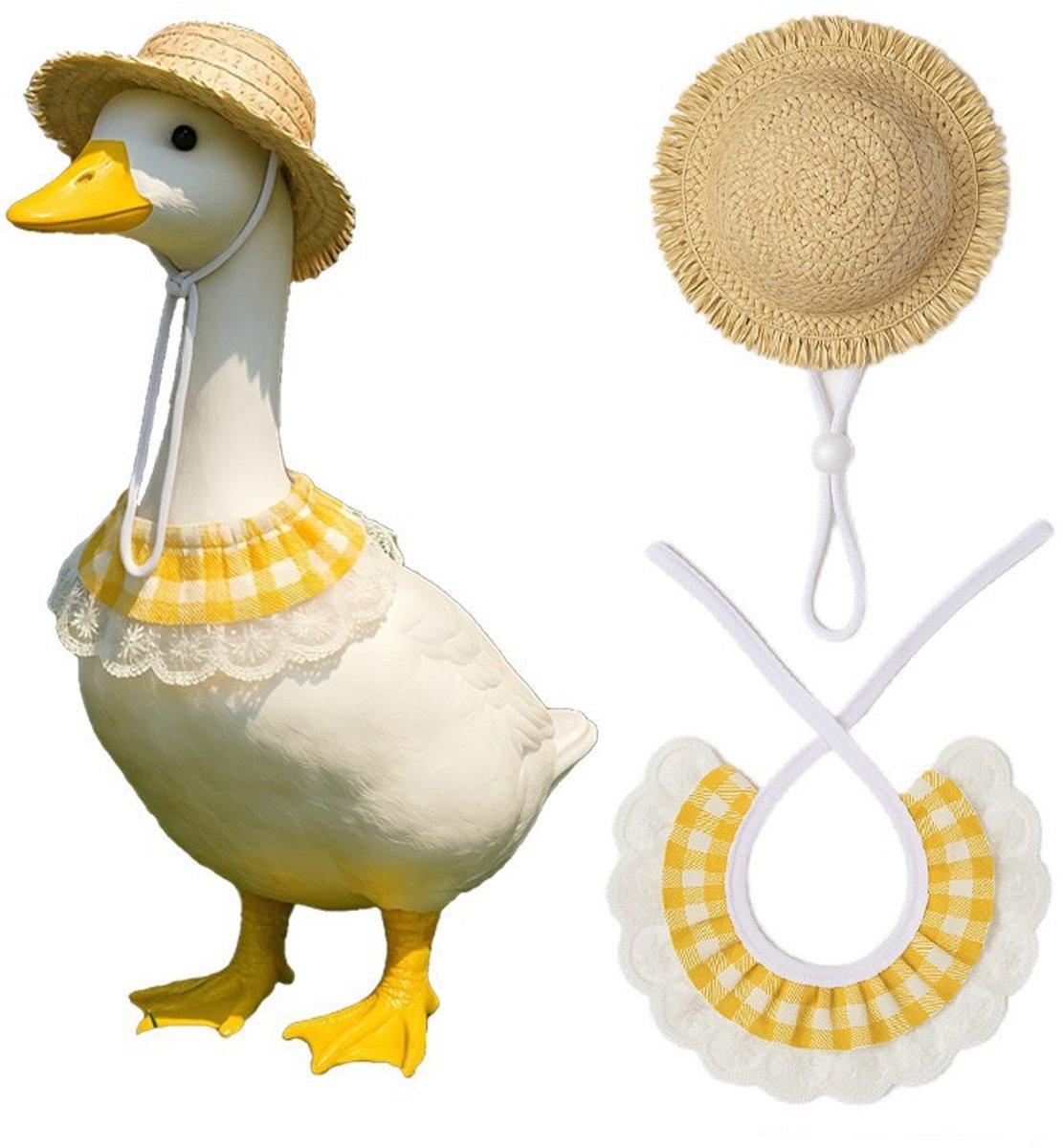 Decoratieve Accessoireset voor Eenden & Ganzen - Hoed + Sjaal - Geel Geruit -Zomer Eendenset - Mini Strohoed & Kantensjaal - Voor Tuindecoratie & Knuffels