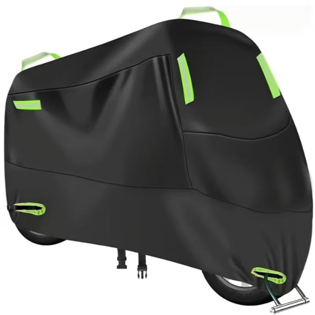 Waterdicht Motorhoes - Outdoor Afdekzeil voor motorfietsen - Motorhoezen Waterdichte - Motorafdekking - Outdoor & Indoor - Universeel Motor - XXL (geschikt voor lengtes tot 2,1 meter) - Zwart (met groene reflecterende strepen)