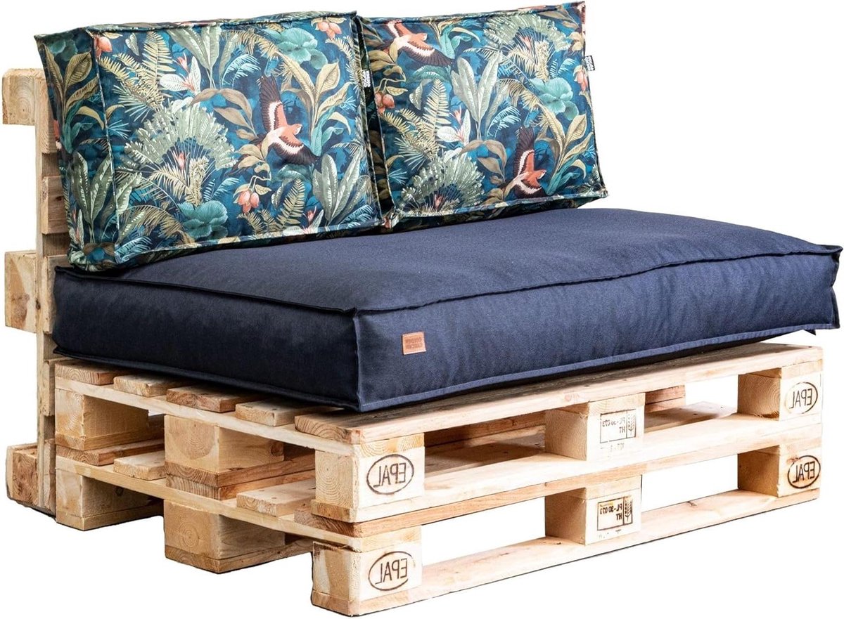 Tuinkussen Set - Palletkussens - Buiten Zitten - Waterafstotend - 120x80 - Blauw met vogels