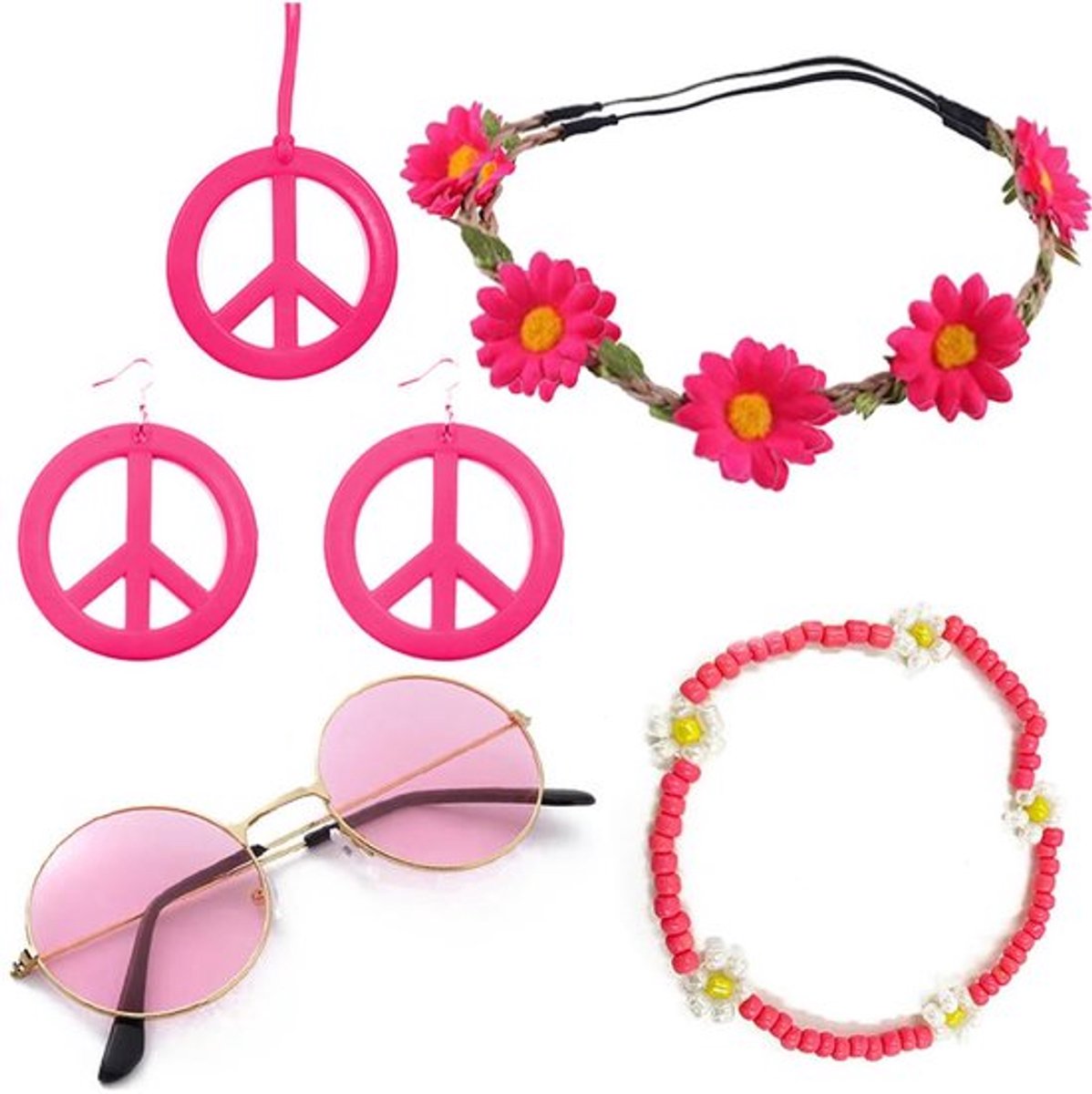 Hippie Kleding Set 1 Stuk - Retro Zonnebril, Bloemenhoofdband, Sieraden - Geschikt voor Feest en Reis