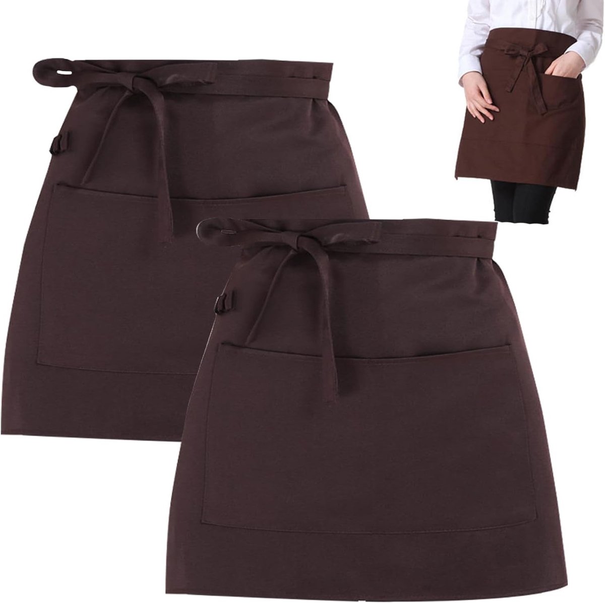 Set van 2 Taille Schorten 40x60cm Zwart met 2 Zakjes, Korte Schorten voor Koken, Bakken en Horeca Gebruik, Geschikt voor Mannen en Vrouwen