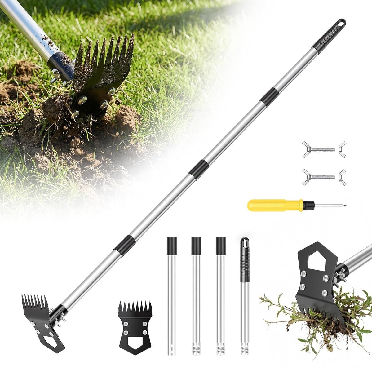 Onkruidsteker met lange steel, 150 cm, handmatige onkruidverwijderaar en schroevendraaier, ideaal voor tuin, terras en gazon, 2-in-1 tuinhak