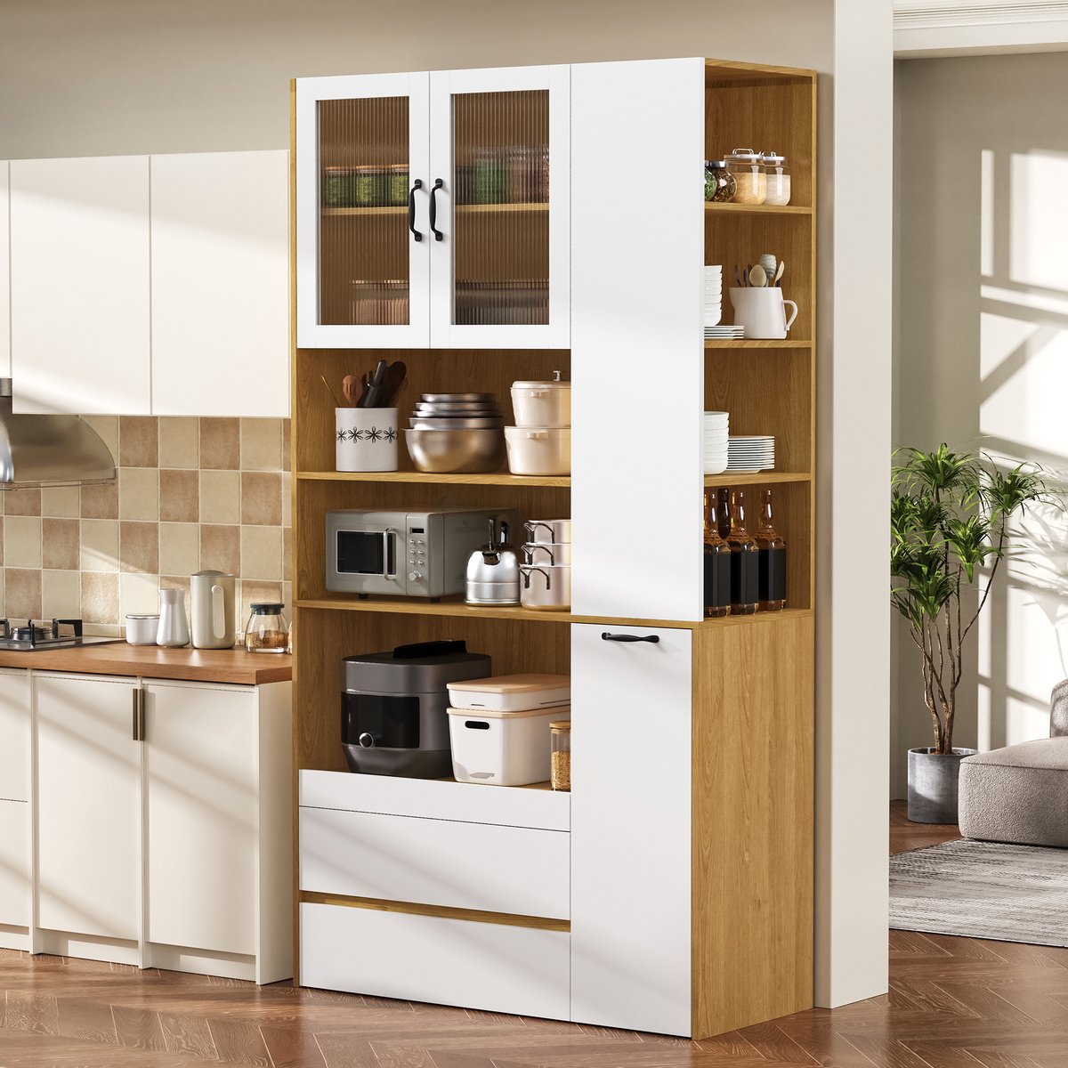MODFU-Buffetkast-MDF-Wit+Naturel-Verstelbare Planken-Lades