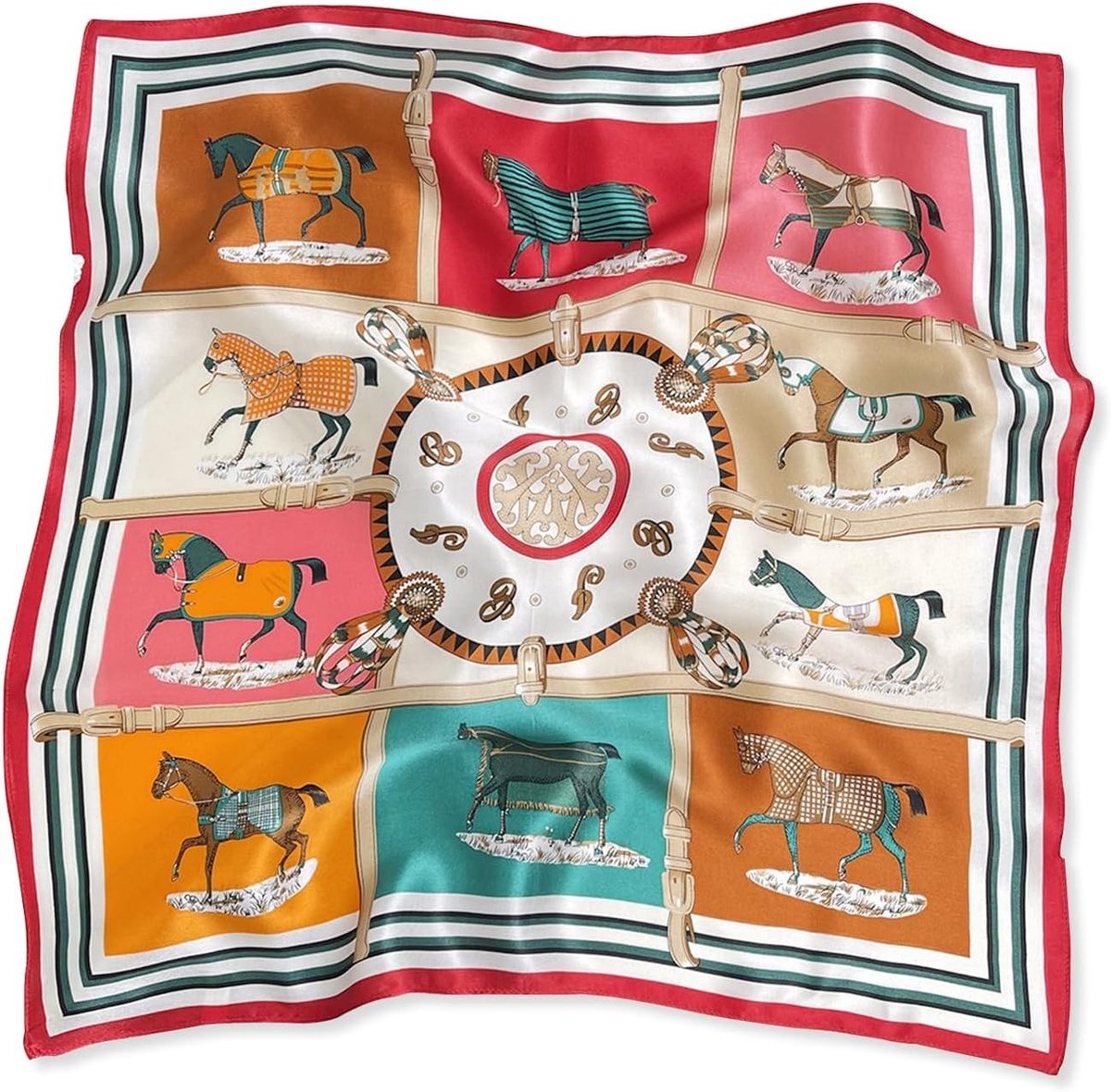Vrouwelijke Zijde Sjaal met Paardenpatroon - Vintage Lichtgewicht Satijnen Multifunctionele Bandana 53 x 53 cm voor Mode en Accessoires