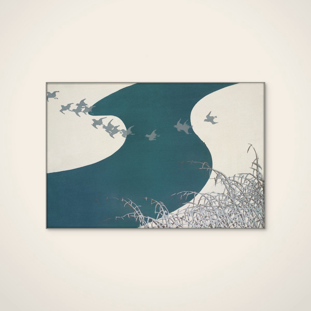 Akoestisch schilderij - 90 x 60 cm - Birds From Momoyogusa van Kamisaka Sekka - Natuurlijke wanddecoratie - zilver textielframe