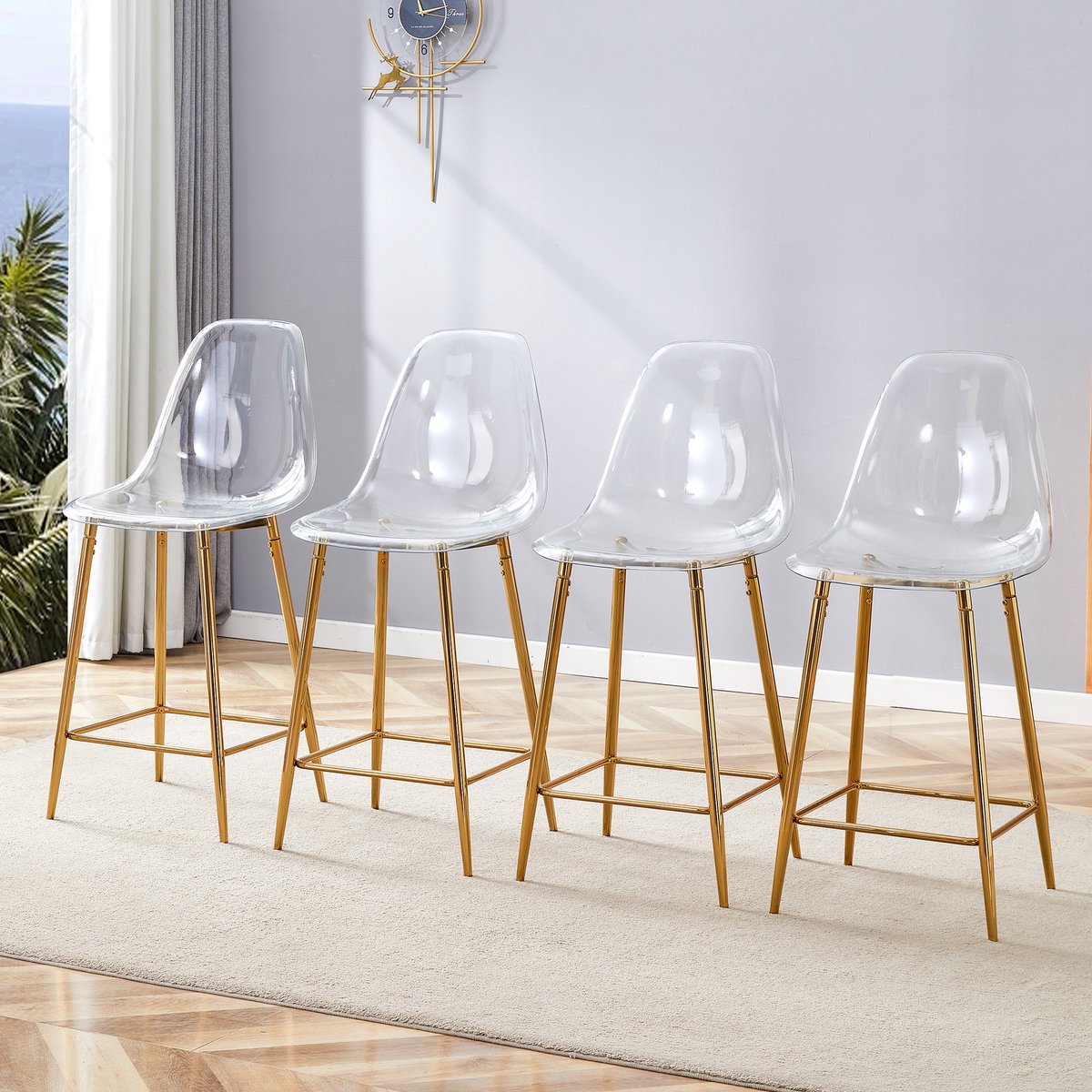 HAUSS SPOLE Barkruk - Transparant Design - Set Van 4 - Met Rugleuning En Voetsteun - Voor Keukenbar En Eethoek - Kunststof Goud