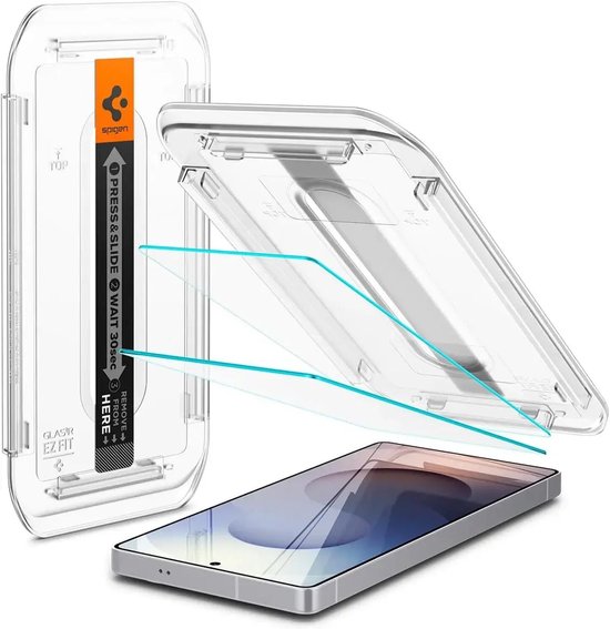 Een installatiehulpstuk, een screenprotector en een telefoon worden getoond met de tekst 'Spigen' en installatie-instructies.