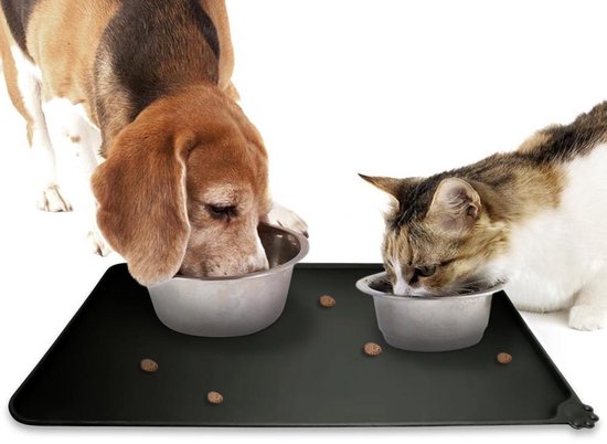 Winkrs - Placemat voor voerbak van hond of kat huisdieren - Zwart siliconen waterdicht - 30 x 48 cm