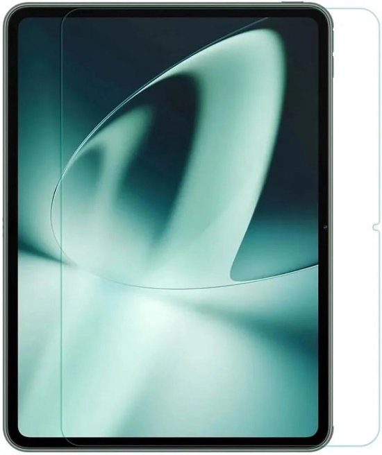 Een transparante screenprotector voor een tablet, met een zachtgroene achtergrond.