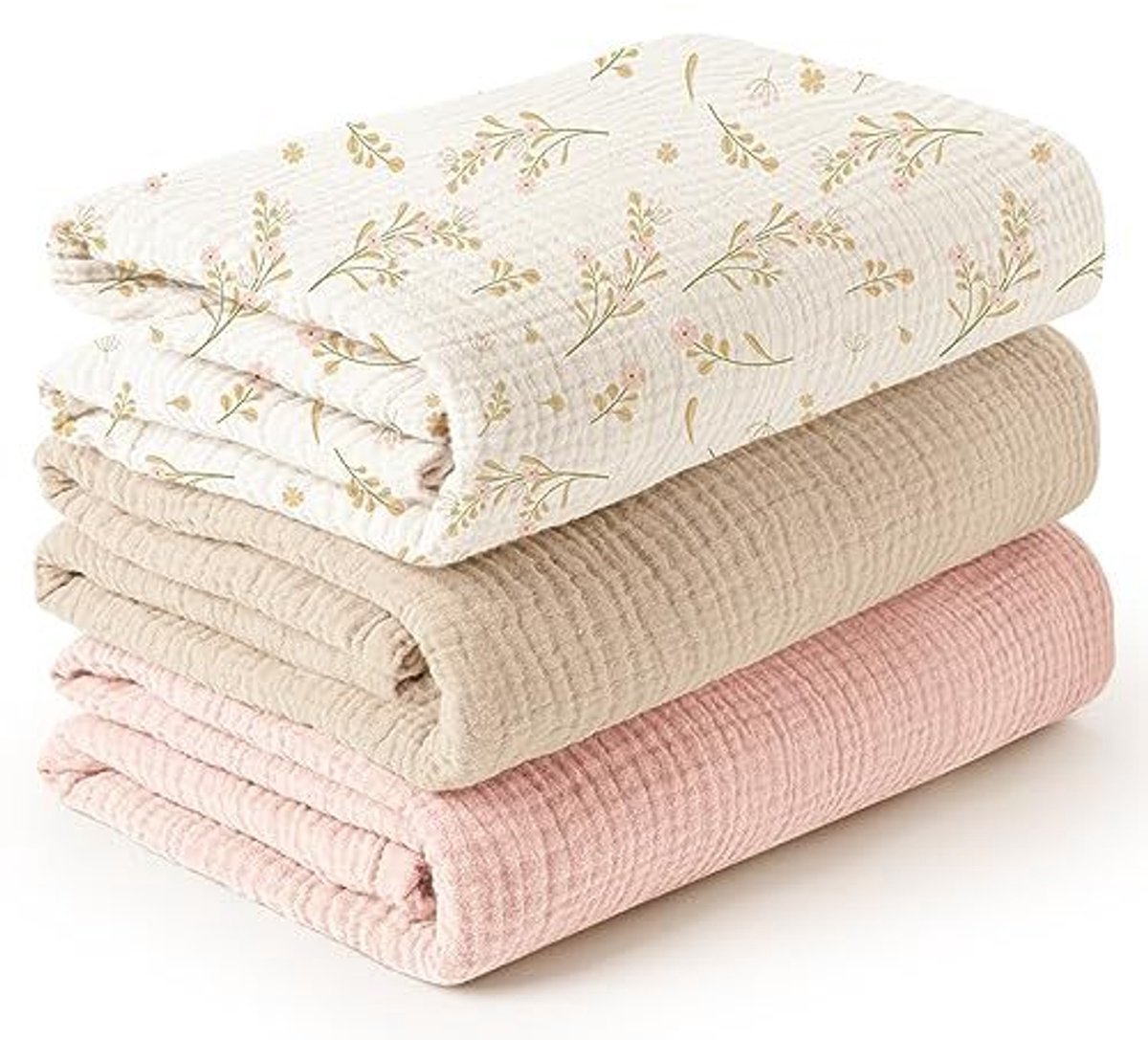 Babywikkeldekenset, 3-delig, gemaakt van een mix van katoen en bamboegaas, te gebruiken als wikkeldoek, luier, geruite slaapzak, deken, handdoek en slabbetje, Kleur 2,120*120cm