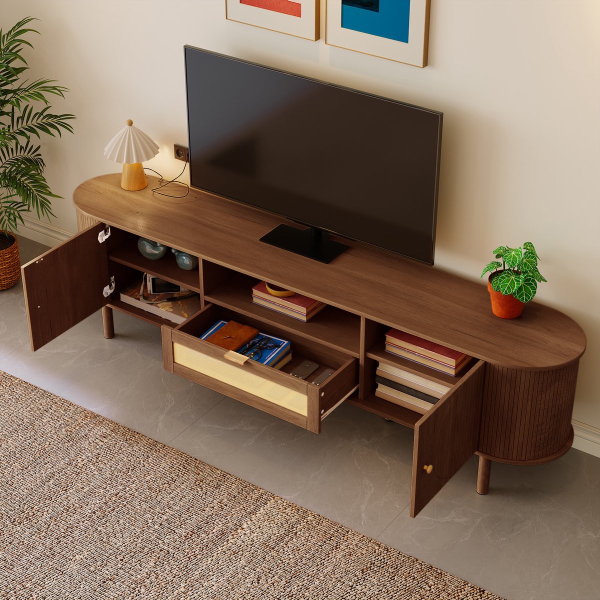 MODFU - Tv-Kast - Modern - Walnootkleur - MDF - Open Vakken - Lade