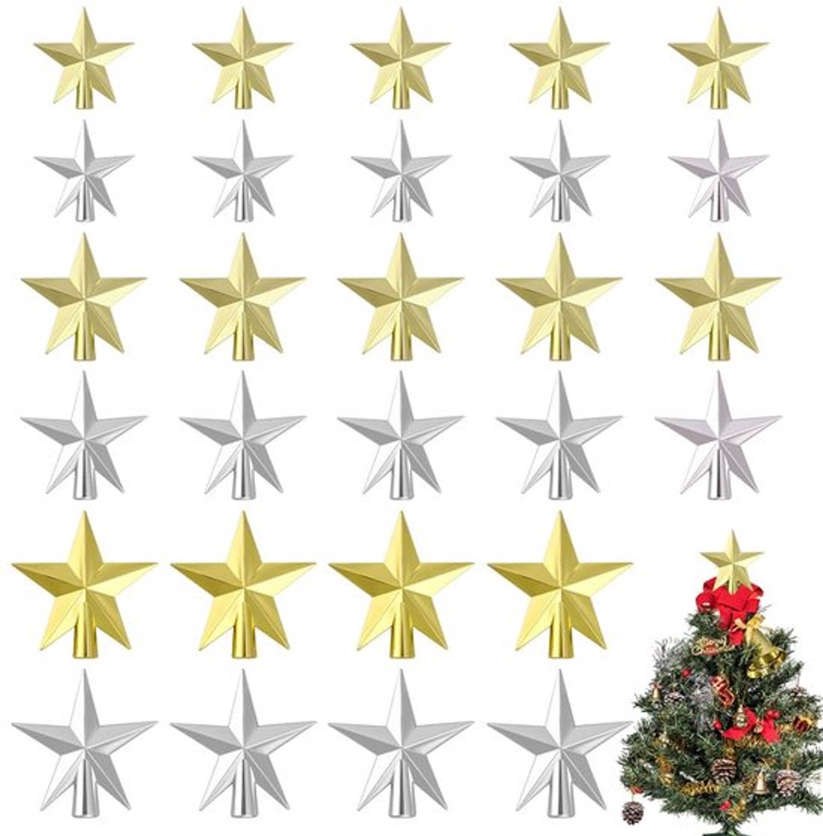 18 stuks kerstboomstertoppers in 6 stijlen, 3 maten plastic kerstboomtopsterornamenten voor kerstboomknutsels en huisdecoratie