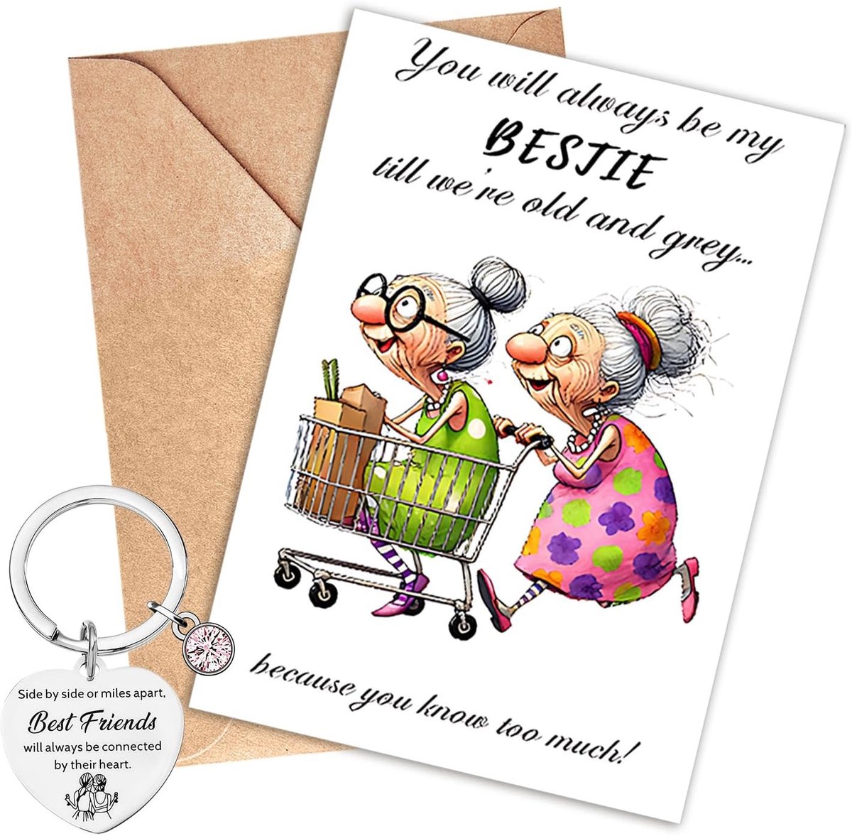 Grappige Verjaardagskaart voor Vriendin met Hartvormige Sleutelhanger, Perfect Cadeau voor Vrouwen, Zus of Collega, Voor Afscheid en Kerstmis (Set C)