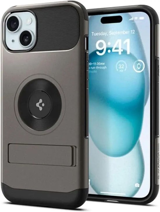 Mobiele telefoonhoesje van Spigen in gunmetal grijs, met zwarte standaard en MagSafe-ring, naast een iPhone 15.