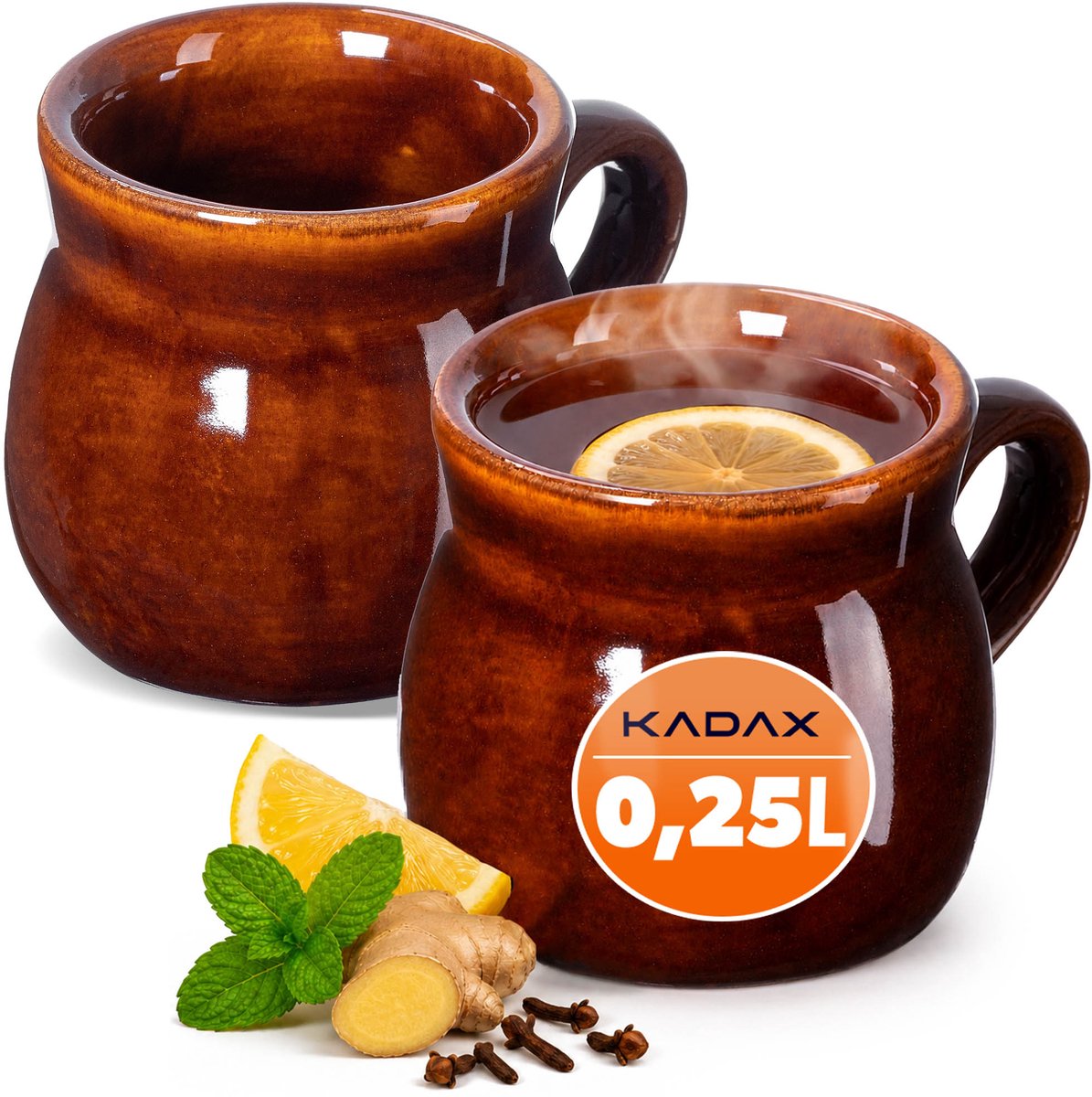 KADAX mokken voor glühwein 250 ml met handvat steengoed mok set van 2