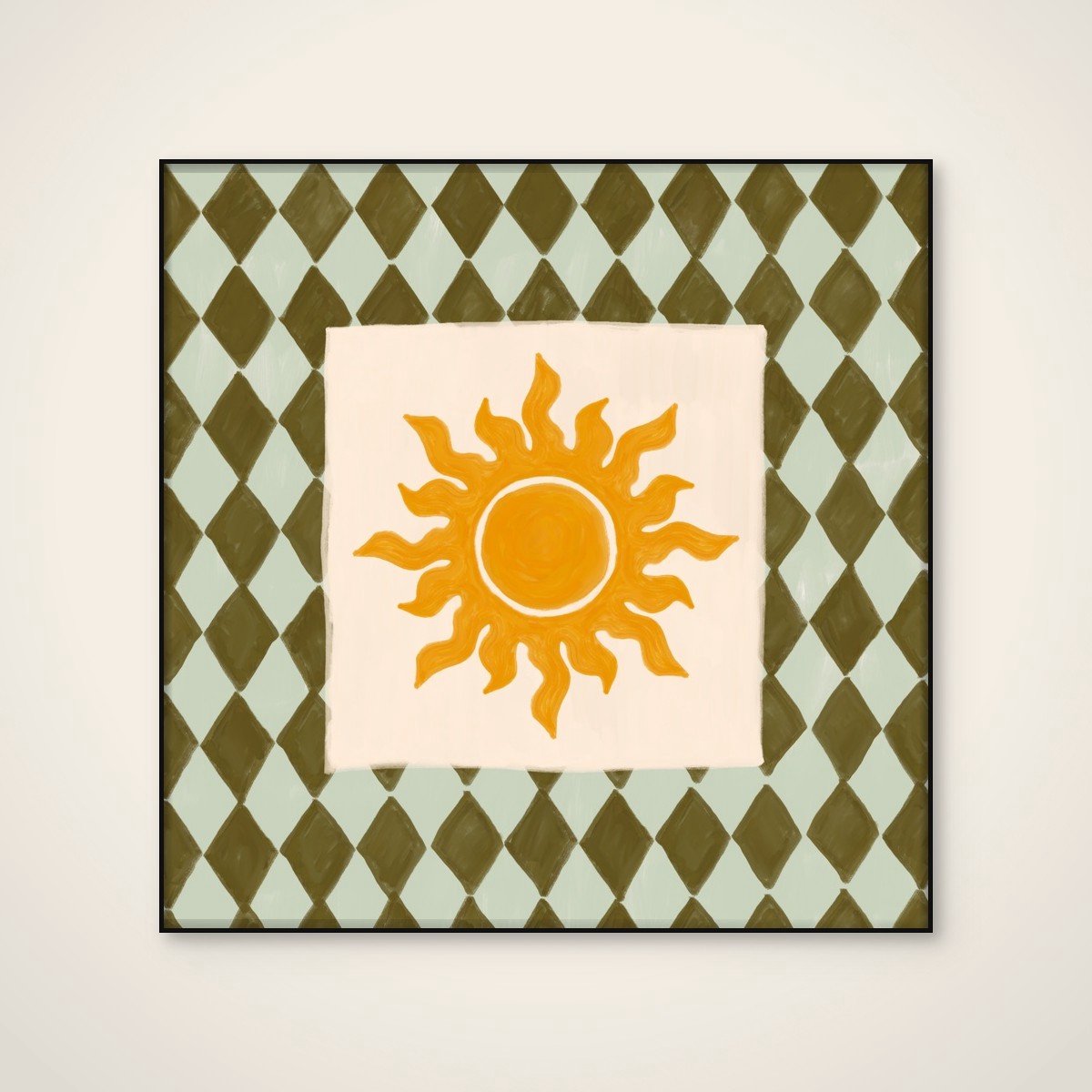 Akoestisch schilderij - 100 x 100 cm - Sunny Diamond Pattern van Katarzyna Gąsiorowska - Geometrische wanddecoratie - zwart textielframe