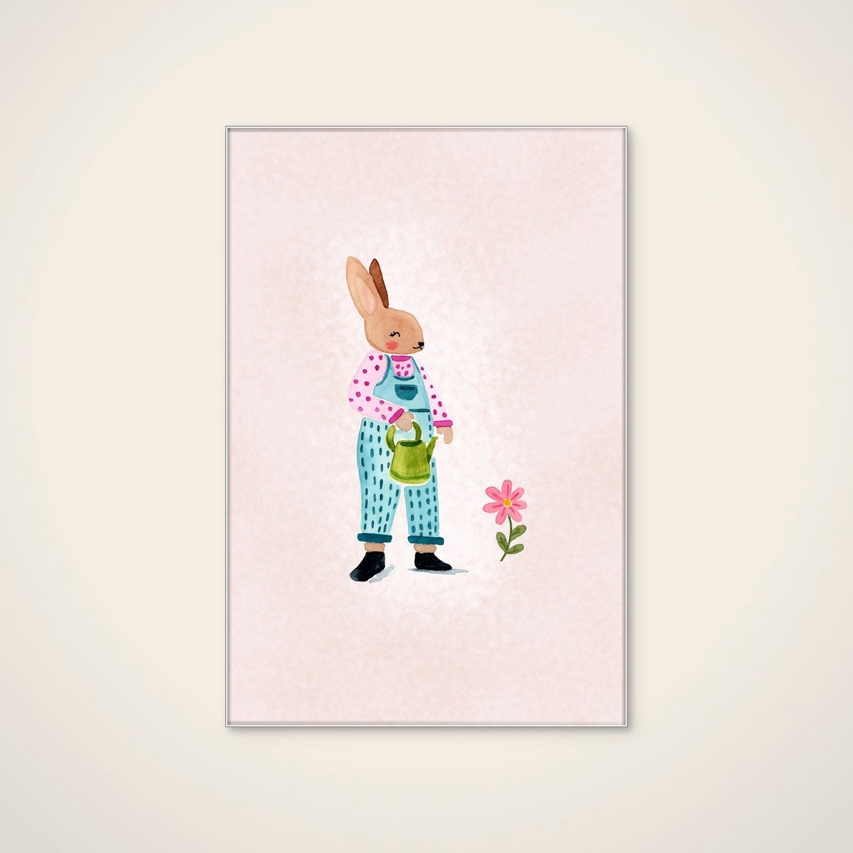 Akoestisch schilderij - 80 x 120 cm - Sweet Bunny Gardener van Abigail Morales - Abstracte wanddecoratie - wit textielframe