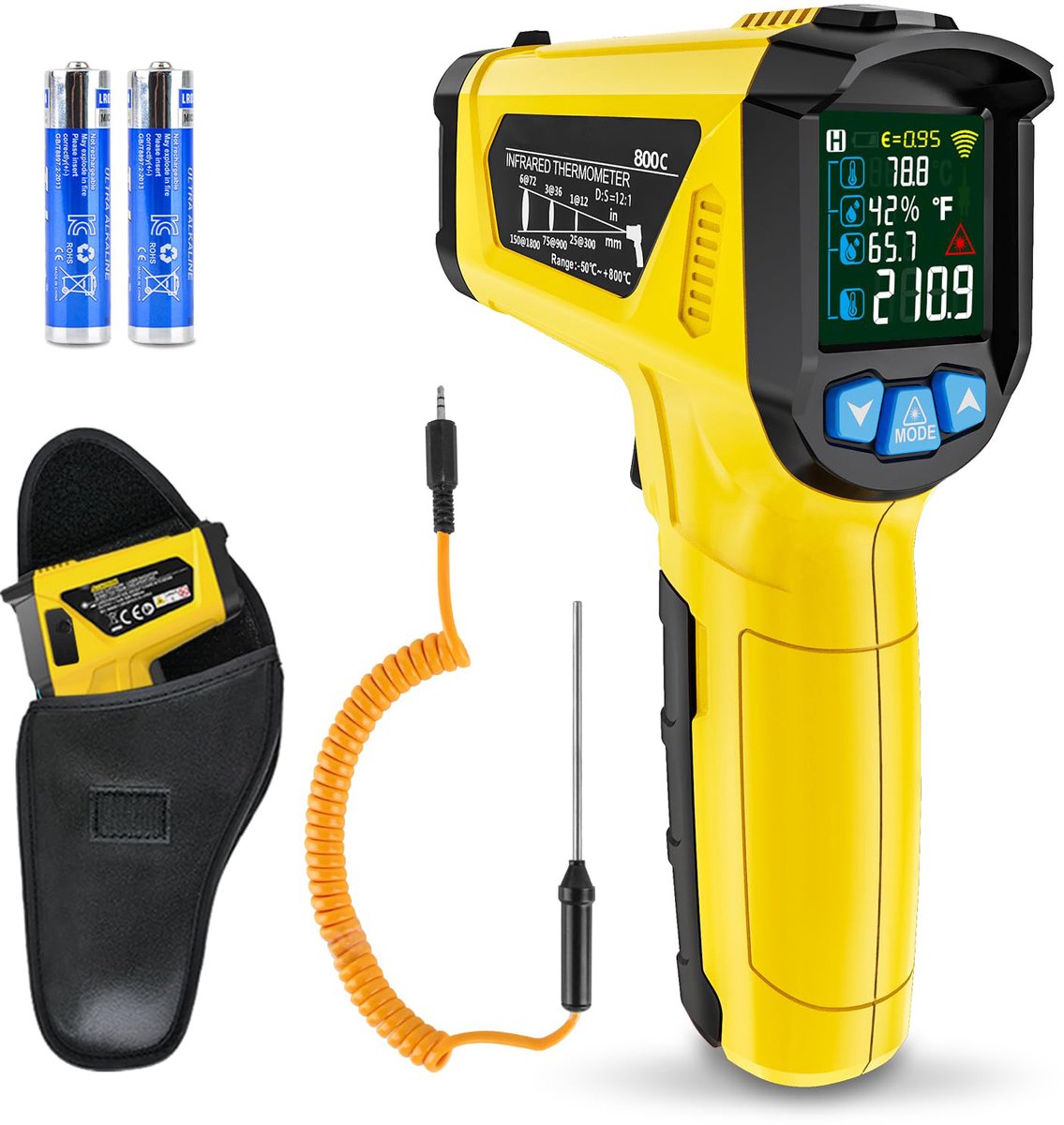 Fokelyi - Digitale Infrarood Thermometer - professionele infrarood thermometer 12:1, infrarood temperatuurmeting - 50°C - + 800°C - Met temperatuurmeetnaald