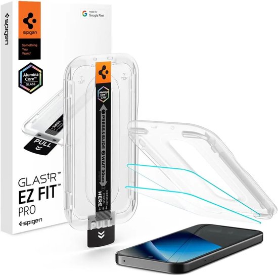 Spigen Glas.tR EZ Fit Pro screenprotector verpakking met installatie-uitlijning, een extra uitlijning en een Google Pixel 10a.