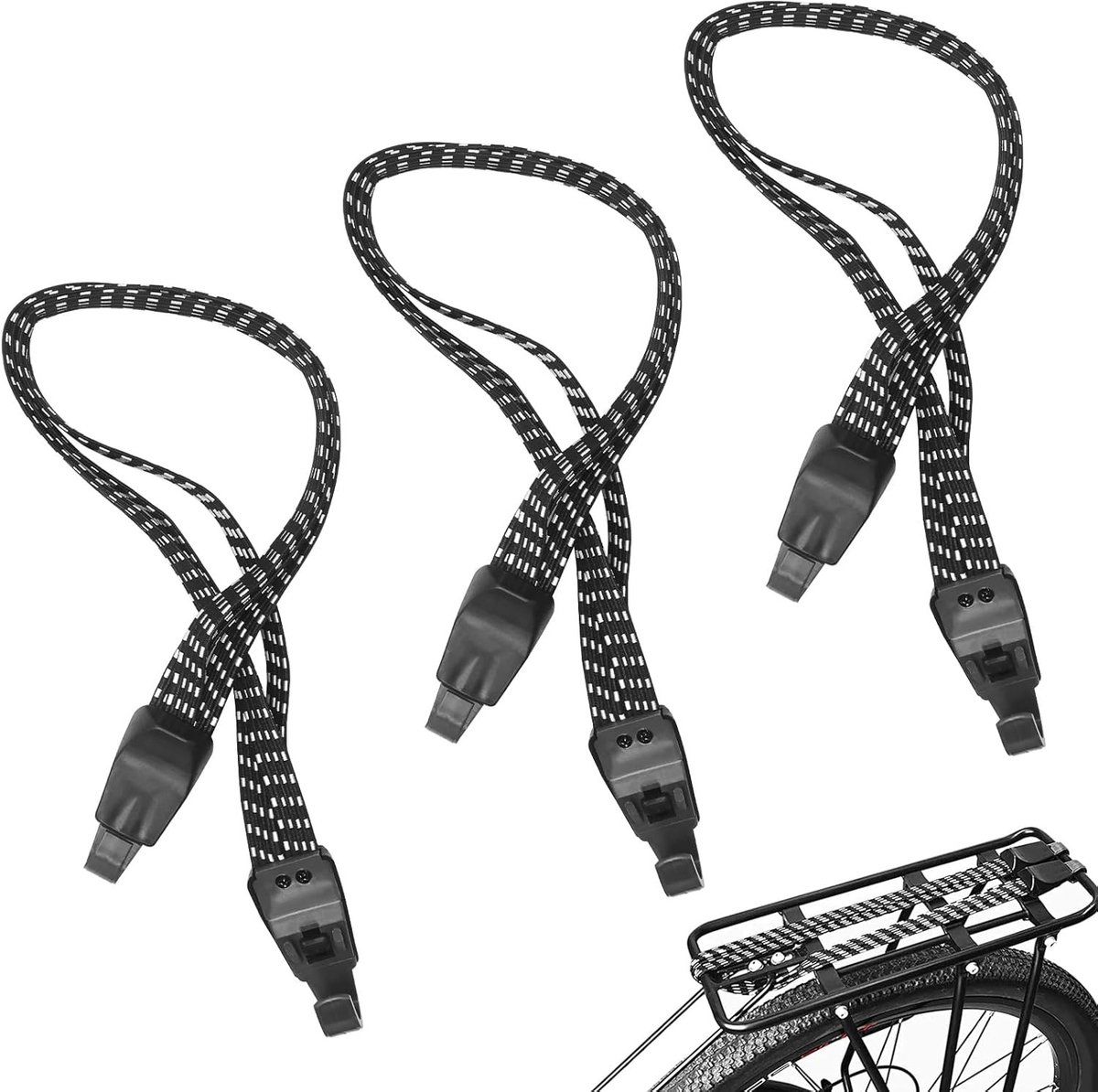 Set van 3 Elastische Straps met Haken, Fietsspanningstrekker, 45/65/75 cm, Ideaal voor Bagage, Motorhelmen en Trolleys