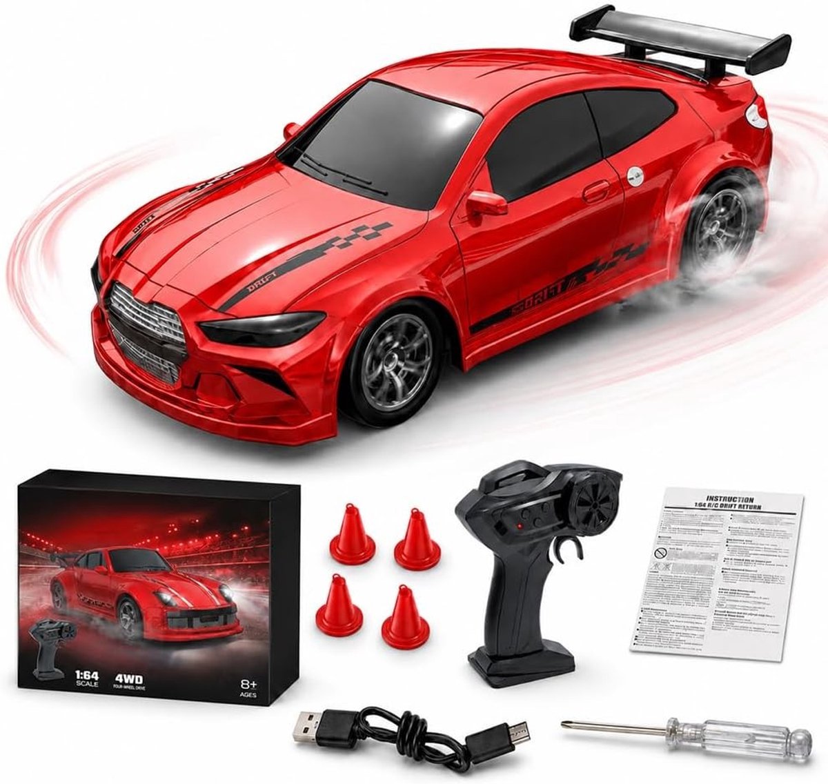 Miniatuur 1:64 RC Drift Auto met Afstandsbediening, 4WD Drift Fun, LED Verlichting en Proportionele Besturing voor Volwassenen