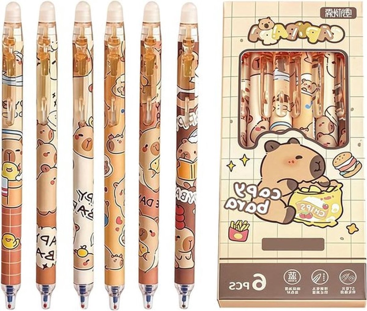 6-pack Schattige Uitwisbare Balpennen - Blauwe Inkt - Capybara Design - Intrekbare - Esthetische - Kawaii Items
