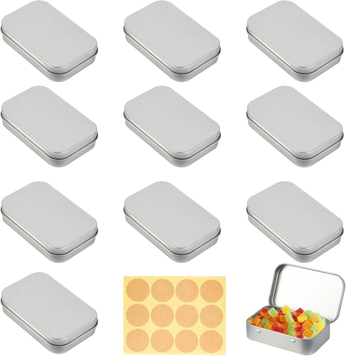 10 Stuks Metalen Blikken met Deksel, Rechthoekig en Draagbaar, Lege Opbergdozen voor Thuisopslag en DIY Creaties met 12 Stickers