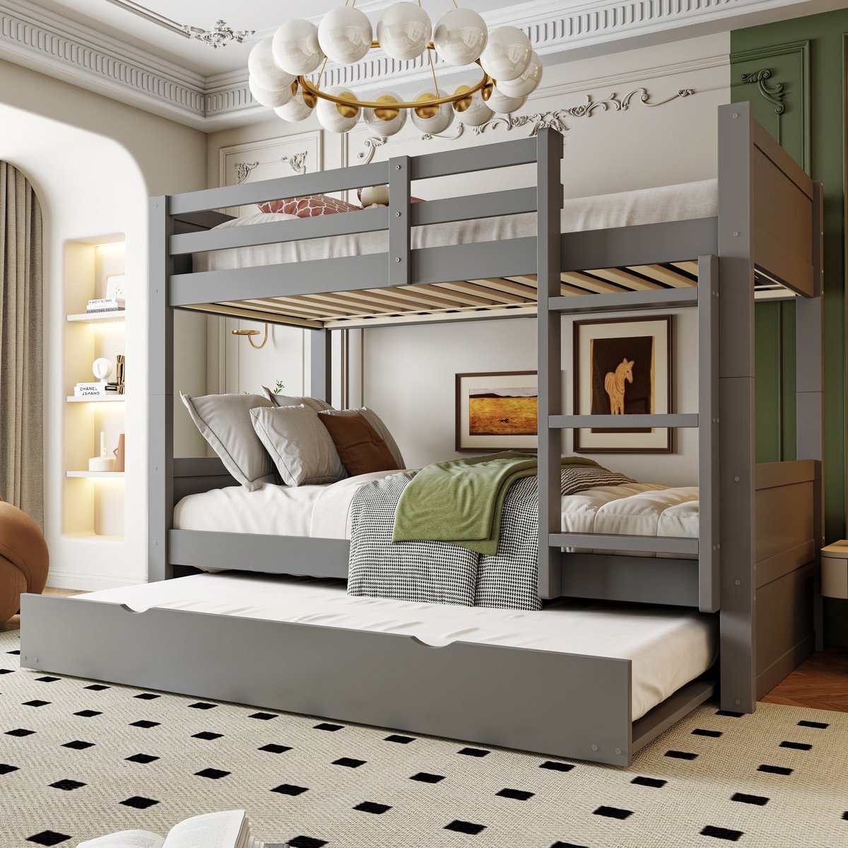 Sweiko Stapelbed - 90 x 200 cm - Met uitschuifbaar bed - Om te bouwen tot 2 eenpersoonsbedden - Veiligheidshekjes - Kinderbed - Grijs