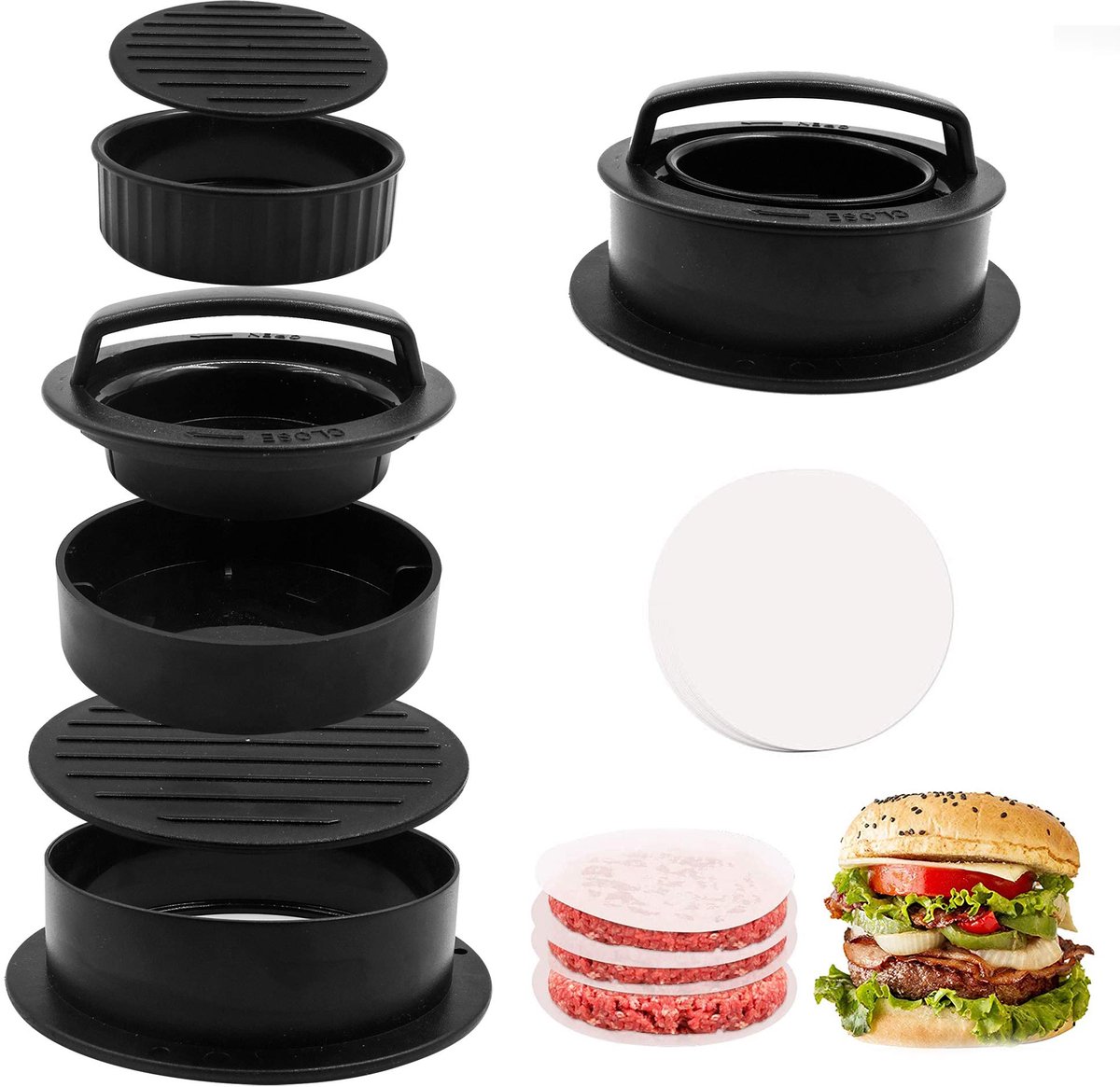 Namajunas - Hamburgerpers 3 in 1 - Hamburgermaker voor BBQ - Vorm voor het maken van gevulde hamburgers - Vleespers voor op de barbecue - Gratis 100 vel bakpapier erbij - Komt gemakkelijk los uit de vorm - Voor het make van gevulde hamburgers