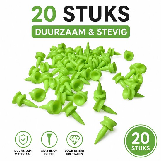 Een hoop lichtgroene, duurzame en stevige golf tees. 20 stuks.