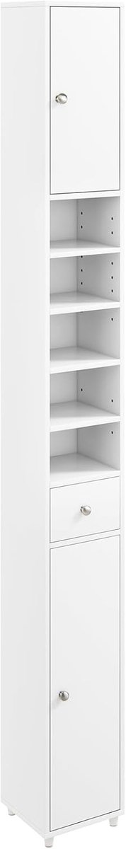 KOMFOTTEU Hoge Badkamerkast Smal - 20 x 20 x 180 cm – met 2 deuren en 1 lade - Kolomkast - bijzetkast met 5 verstelbare planken - voor kleine ruimtes