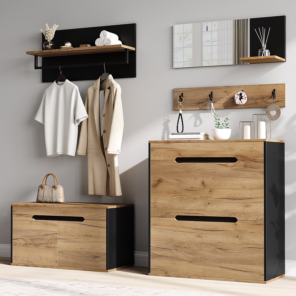 OKWISH Schoenenkast - Multifunctionele Garderobeset Met Spiegel En 4 Haken - 156 x 36 x 176 cm - 2 Klapvakken En 1 Lade - MDF Zwart En Naturel