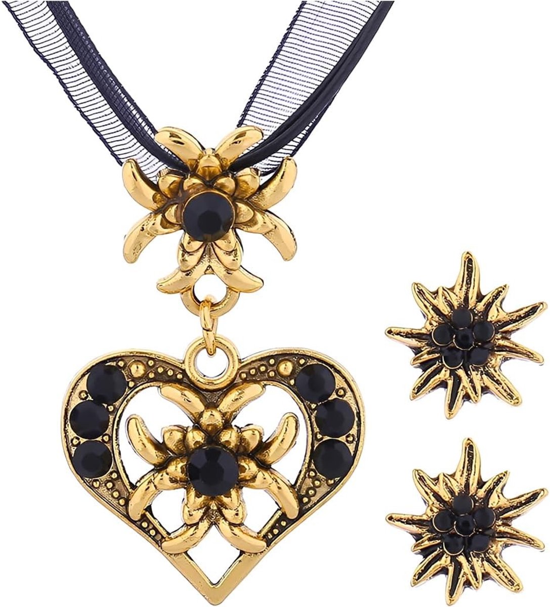 Set van 3 Beierse kostuumjuwelen, ketting met strass, edelweiss hart hanger en oorbellen voor dames, perfect voor bierfeesten en dirndl outfits, accessoires voor feesten