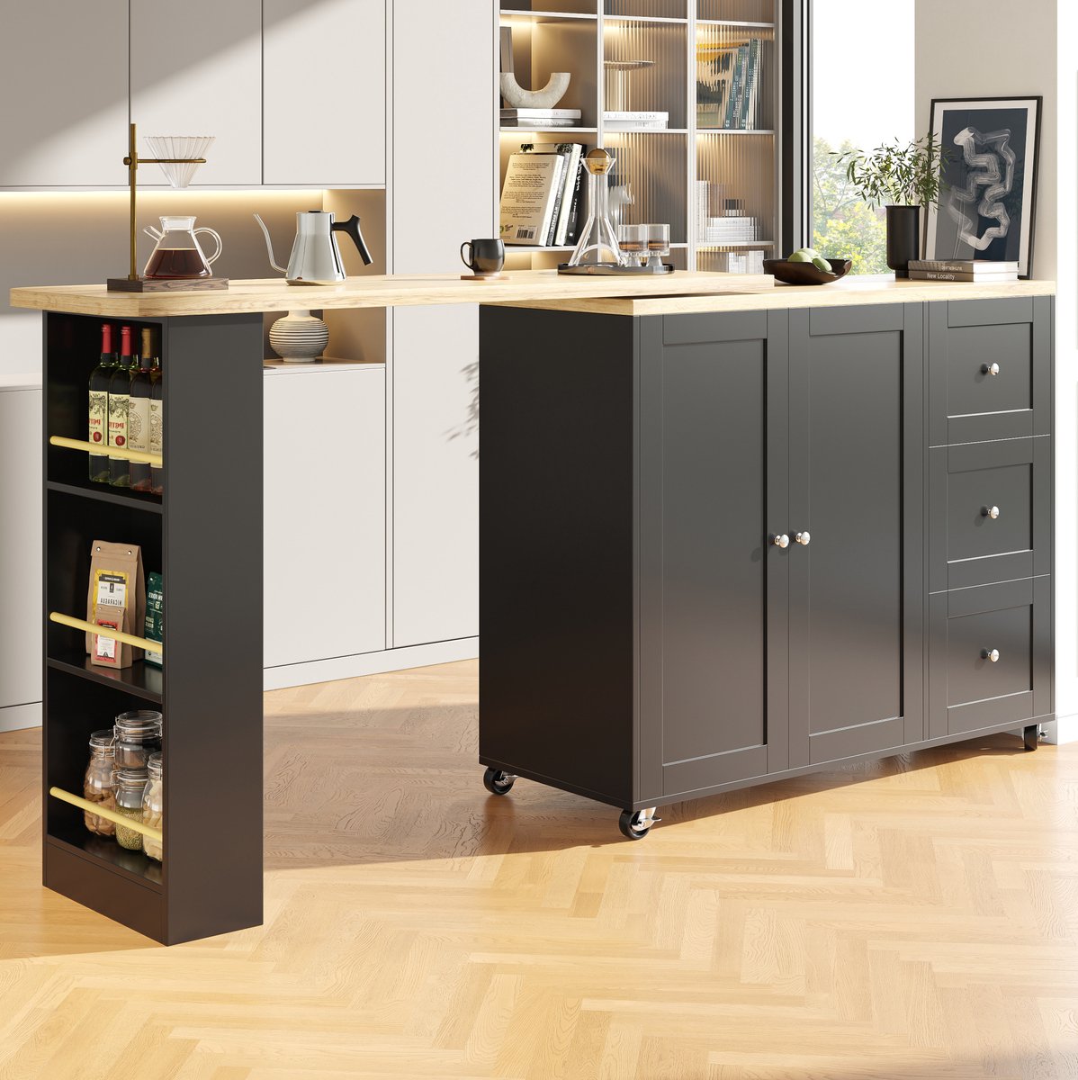 COVREO Keukenkast 203x39x106 cm - 360° draaibaar, op wielen, 3 lades, zwart
