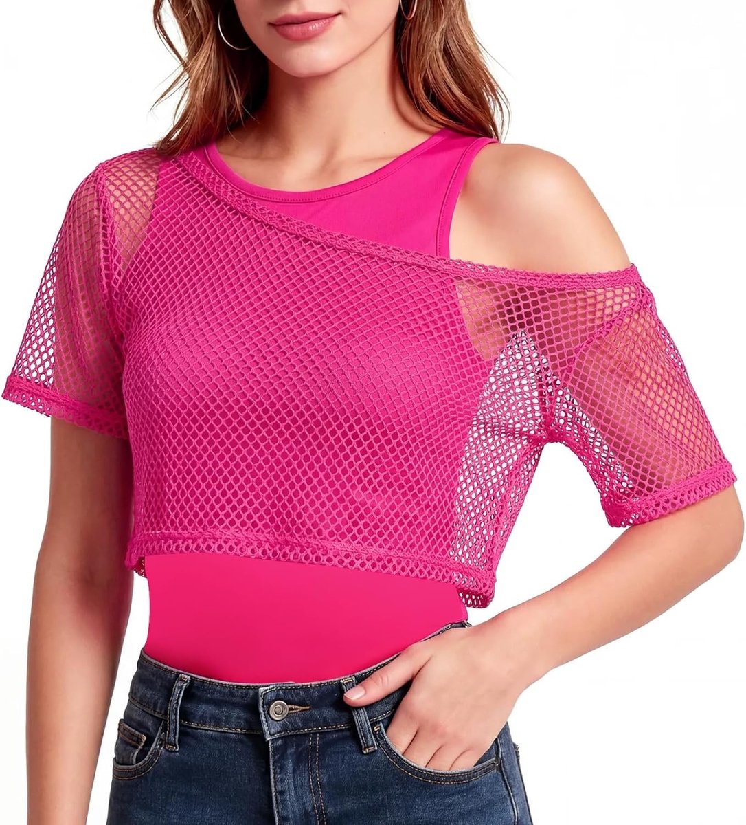 80s Retro Kostuum voor Vrouwen - Neon Roze Outfit Set met Visnet Top en Off Shoulder T-Shirt voor Disco Feest en Thema Party