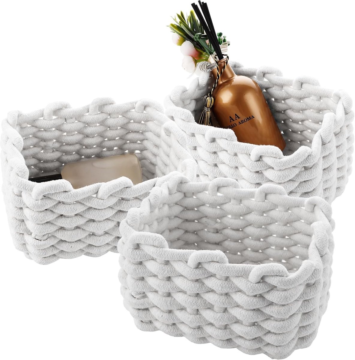 Set van 3 Opbergmanden, Gevlochten Mand, Vierkante Organizer voor Badkamer, Keuken en Kasten, Wit, Ideaal voor Ruimtebesparing en Organisatie