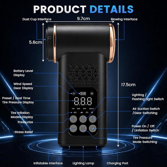 5-in-1 autostofzuiger en bandenpomp, luchtcompressor, 150 psi, draadloze draagbare bandenpomp met ventilator, digitale manometer, dual waarde-display, ledlicht voor auto, motorfiets, fiets, bal — afbeelding 5
