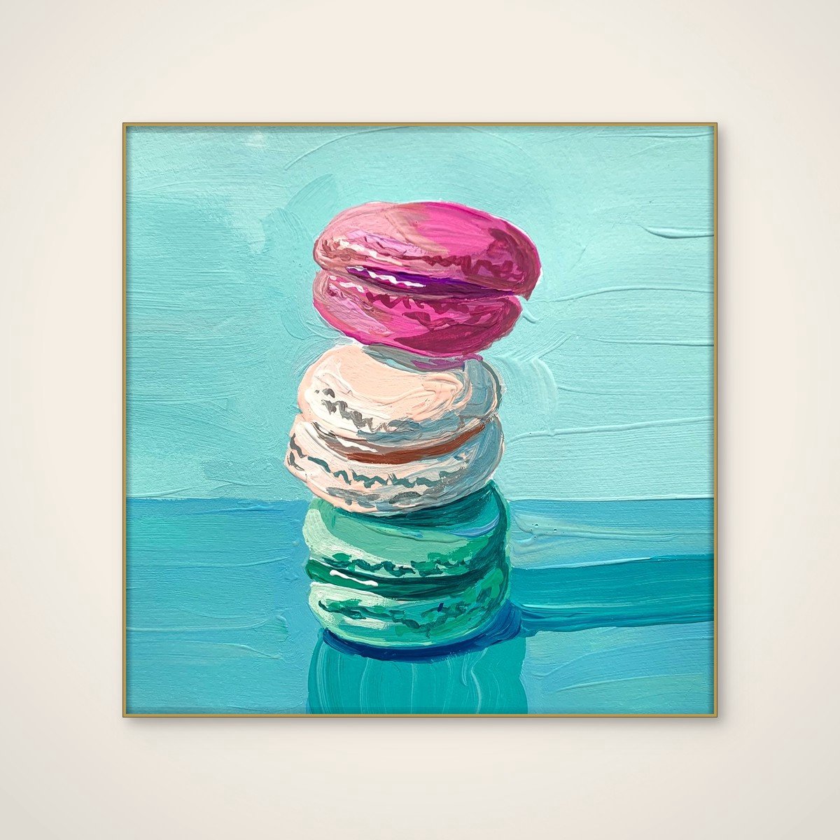 Akoestisch schilderij - 100 x 100 cm - Sweet Macaron Tower van Pauline Wegman | Key and Sea Creative - Abstracte wanddecoratie - goud textielframe