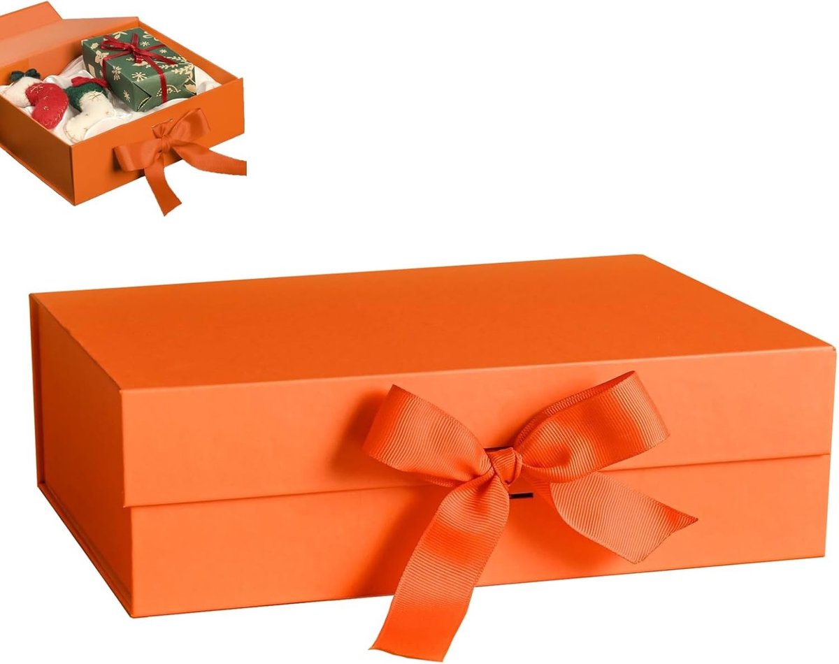 Magnetische Cadeaubox 23 x 17 x 7 cm, Herbruikbare Verpakkingsdoos met Deksel, Inclusief Tas, Lint en Wenskaart voor Verjaardag, Kerst en Jubileum (Oranje)